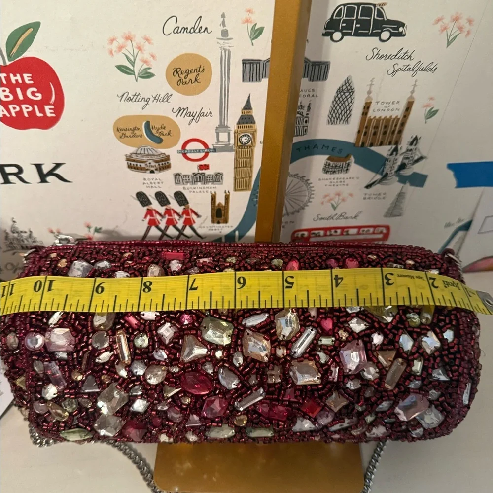 From India To You Beaded Cylinder Clutch Bag Burgundy Crystal Evening Crossbody - Picture 5 of 6